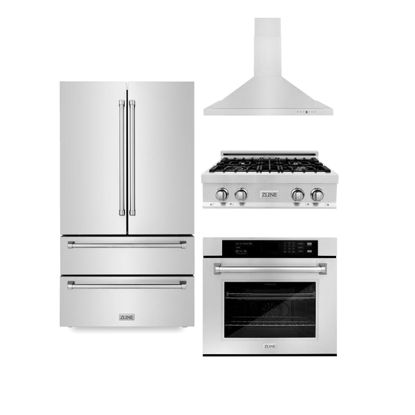 ZLINE 4-Appliance Kitchen Package with Stainless Steel Refrigeration, 30" Rangetop, 30" Range Hood, and 30" Single Wall Oven