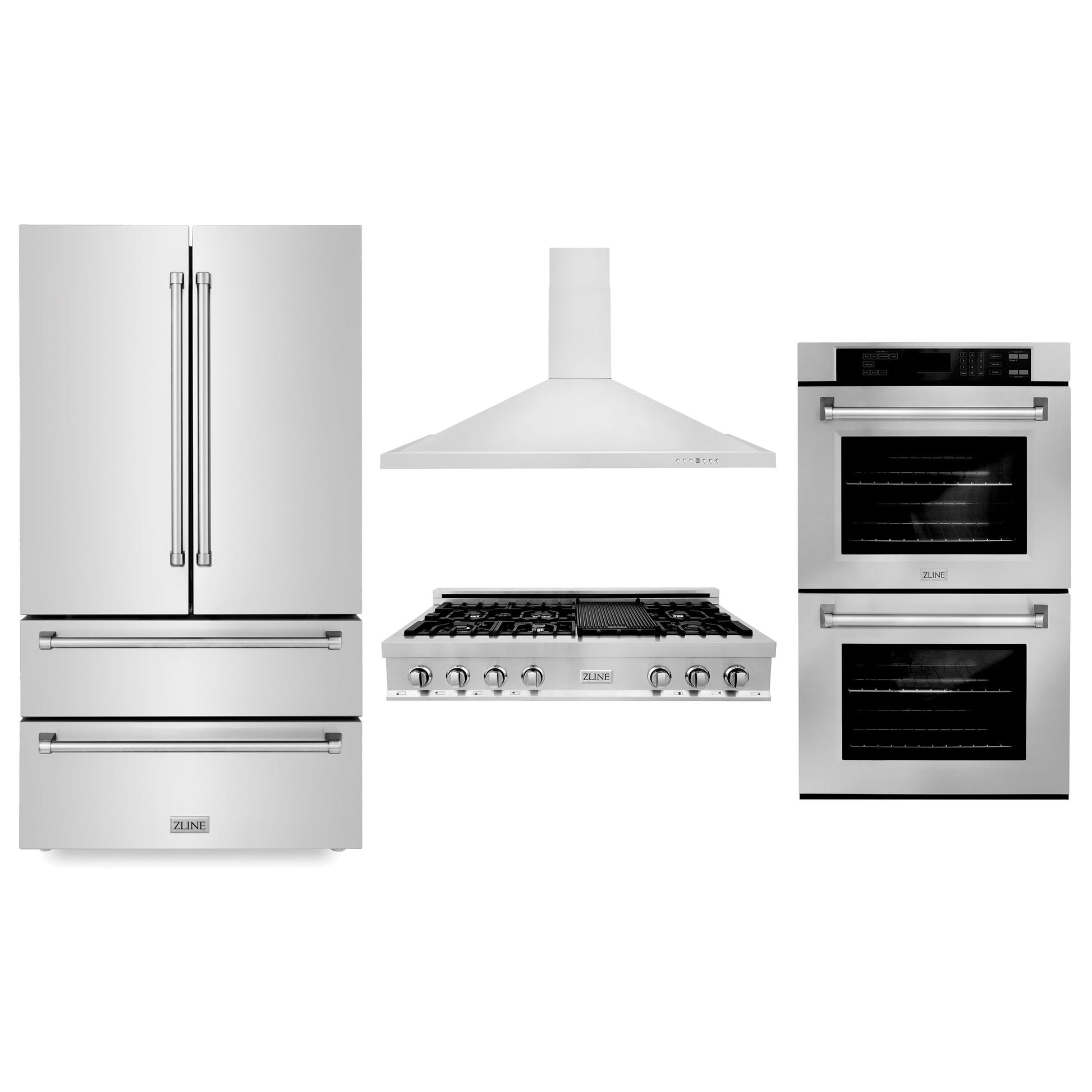 ZLINE 4-Appliance Kitchen Package with Refrigeration, 48" Stainless Steel Rangetop, 48" Range Hood, and 30" Double Wall Oven