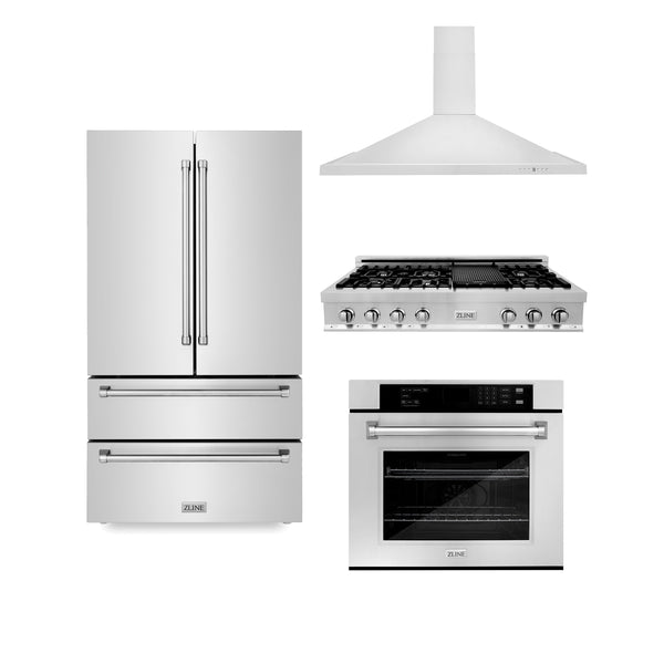 ZLINE 4-Appliance Kitchen Package with Stainless Steel Refrigeration, 48" Rangetop, 48" Range Hood, and 30" Single Wall Oven