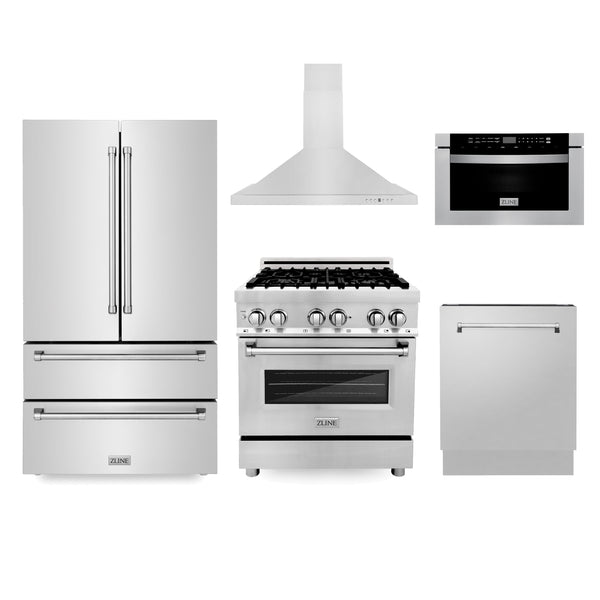 ZLINE 5-Appliance Kitchen Package with Refrigeration, 30" Stainless Steel Dual Fuel Range, 30" Convertible Vent Range Hood, 24" Microwave Drawer, and 24" Tall Tub Dishwasher