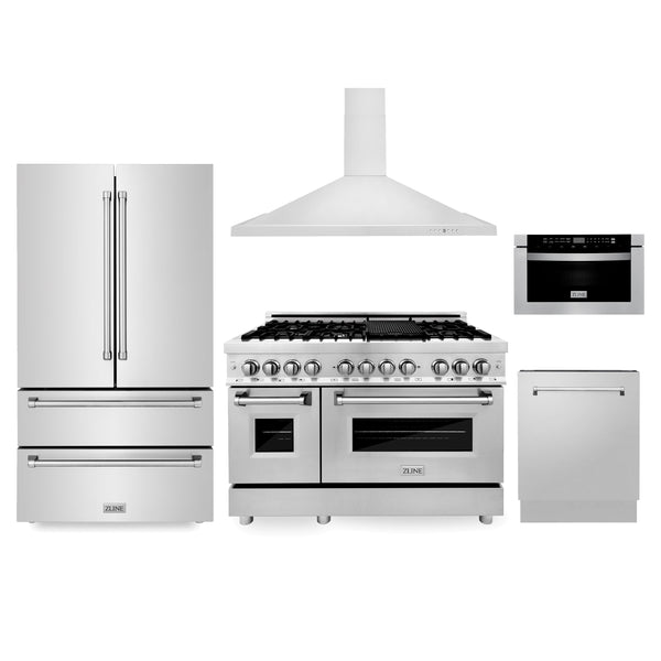 ZLINE 5-Appliance Kitchen Package with Refrigeration, 48" Stainless Steel Dual Fuel Range, 48" Convertible Vent Range Hood, 24" Microwave Drawer, and 24" Tall Tub Dishwasher