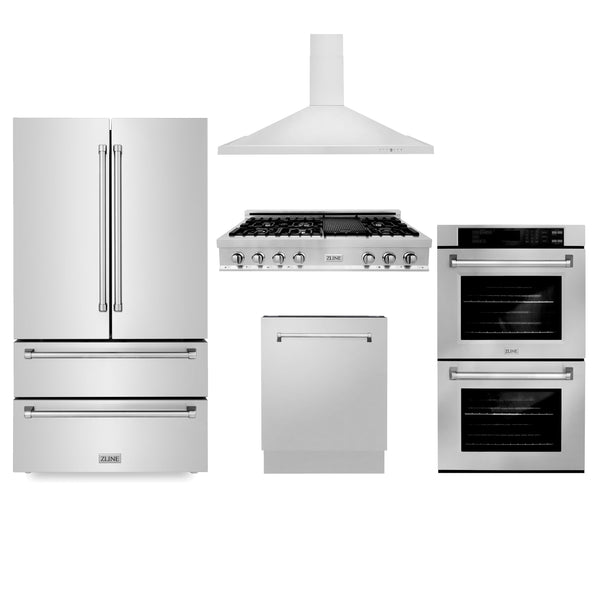 ZLINE 5-Appliance Kitchen Package with Stainless Steel Refrigeration, 48" Rangetop, 48" Range Hood, 30" Double Wall Oven, and 24" Tall Tub Dishwasher