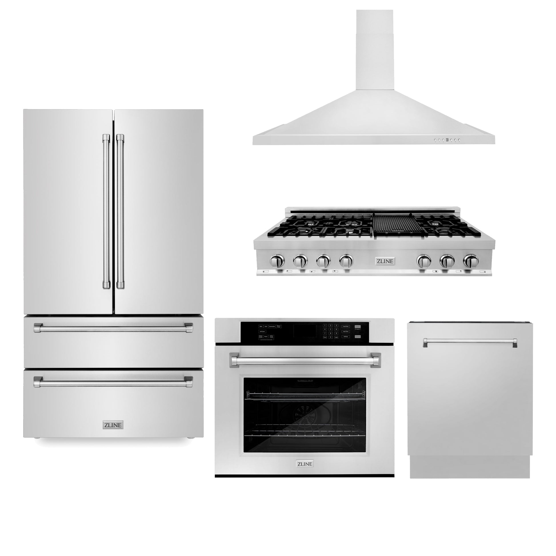 ZLINE 5-Appliance Kitchen Package with Stainless Steel Refrigeration, 48" Rangetop, 48" Range Hood, 30" Single Wall Oven, and 24" Tall Tub Dishwasher