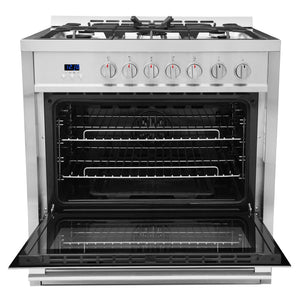 Cosmo 36 in. 3.8 cu. ft. Single Oven Gas Range in Stainless Steel with 5 Burner Cooktop and Cast Iron Grates