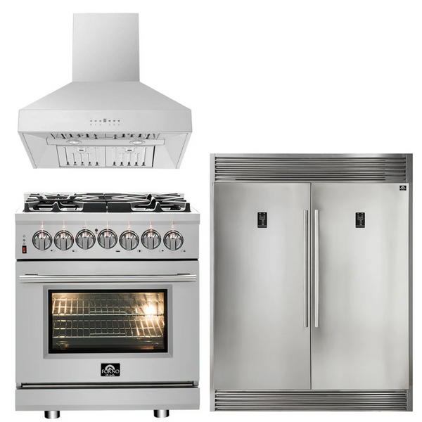 Forno Appliance Package - 30" Dual Fuel Range, 30" Range Hood, 60" Refrigerator, AP-FFSGS6125-30-W-4