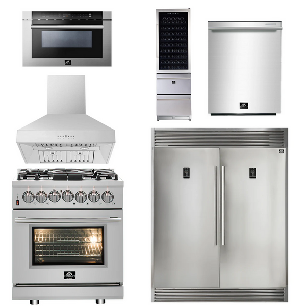 Forno Appliance Package - 30" Dual Fuel Range, 30" Range Hood, 60" Refrigerator, Dishwasher, Microwave Drawer, Wine Cooler, AP-FFSGS6125-30-W-9