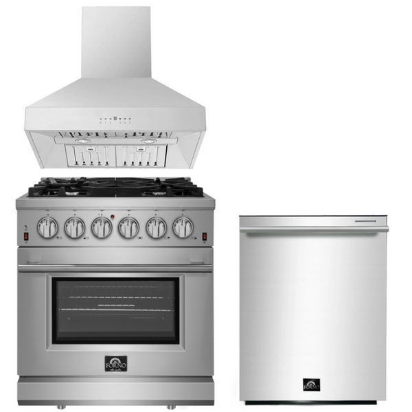 Forno Appliance Package - 30 Inch Gas Range, Wall Mount Range Hood, Dishwasher, AP-FFSGS6239-30-W-2