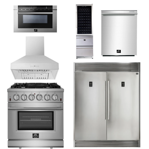 Forno Appliance Package - 30 Inch Gas Range, Range Hood, Refrigerator, Microwave Drawer, Dishwasher, Wine Cooler, AP-FFSGS6239-30-W-9