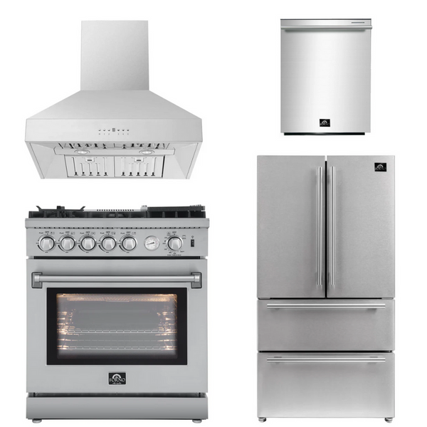 Forno Appliance Package - 30" Gas Range with Airfryer, Range Hood, 36" Refrigerator, Dishwasher, AP-FFSGS6276-30-11