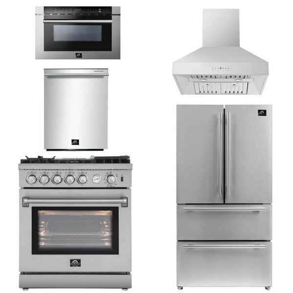 Forno Appliance Package - 30" Gas Range with Airfryer, Range Hood, 36" Refrigerator, Dishwasher, Microwave Drawer, AP-FFSGS6276-30-12