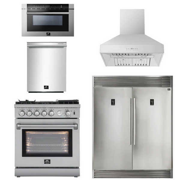 Forno Appliance Package - 30" Gas Range, 30" Range Hood, 60" Refrigerator, Dishwasher, Microwave Drawer, AP-FFSGS6276-30-W-8