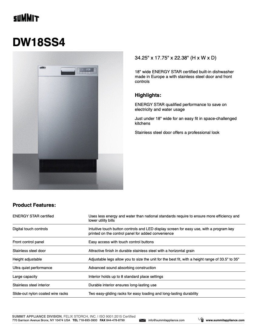 Summit 18" Wide Built-In Dishwasher
