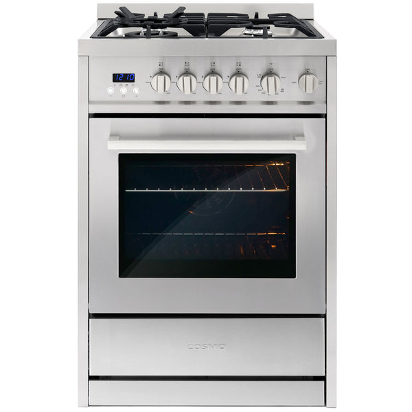 Cosmo 24 in. 2.73 cu. ft. Single Oven Gas Range in Stainless Steel with 4 Burner Cooktop and Cast Iron Grates