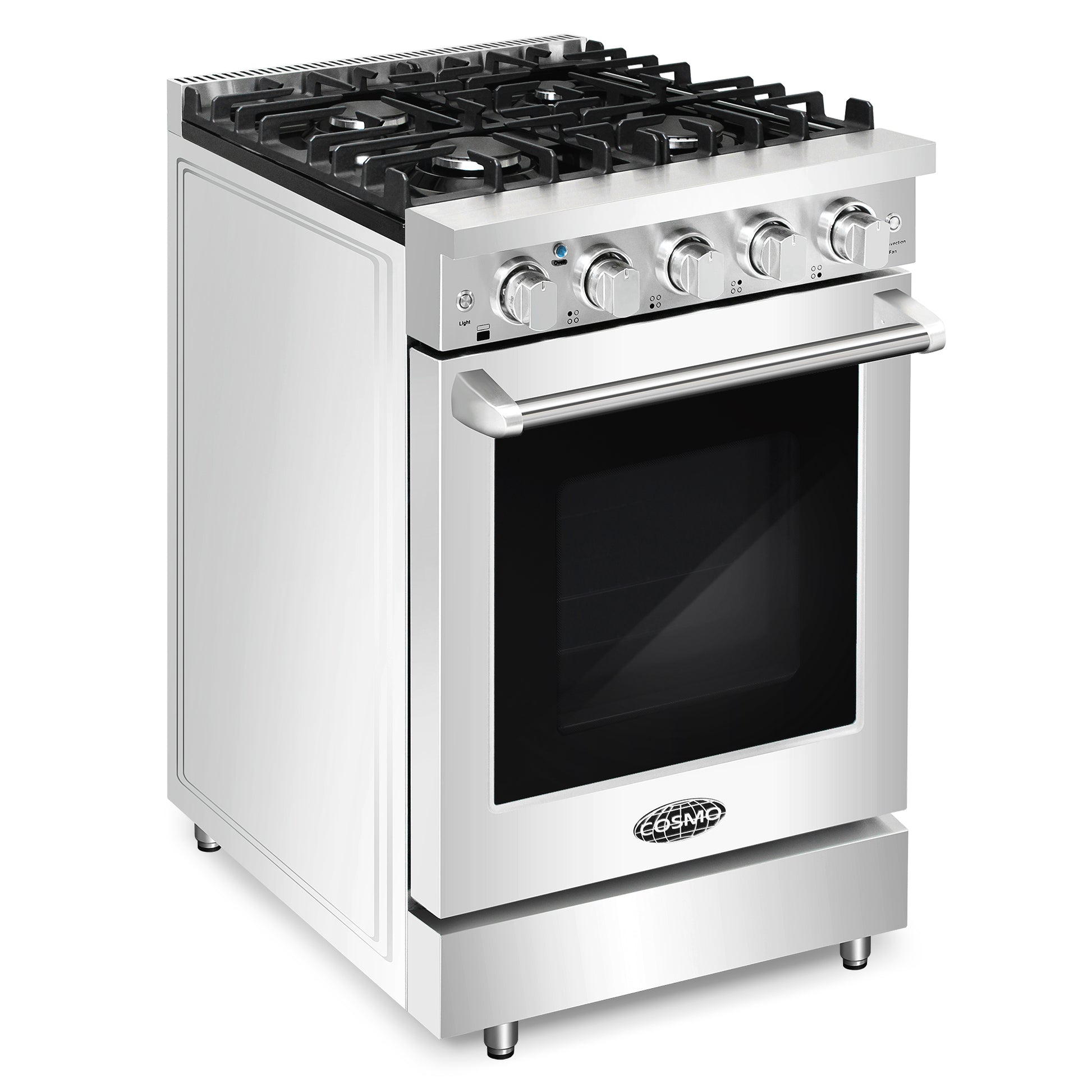 Cosmo 24 in. Stainless Steel Slide-In Freestanding Gas Range with 4 Sealed Burners, Cast Iron Grates, 3.73 cu. ft. Capacity Convection Oven