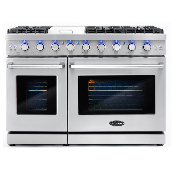 Cosmo 48 in. Stainless Steel 6.8 cu. ft. Double Oven Commercial Gas Range with Fan Assist Convection Oven