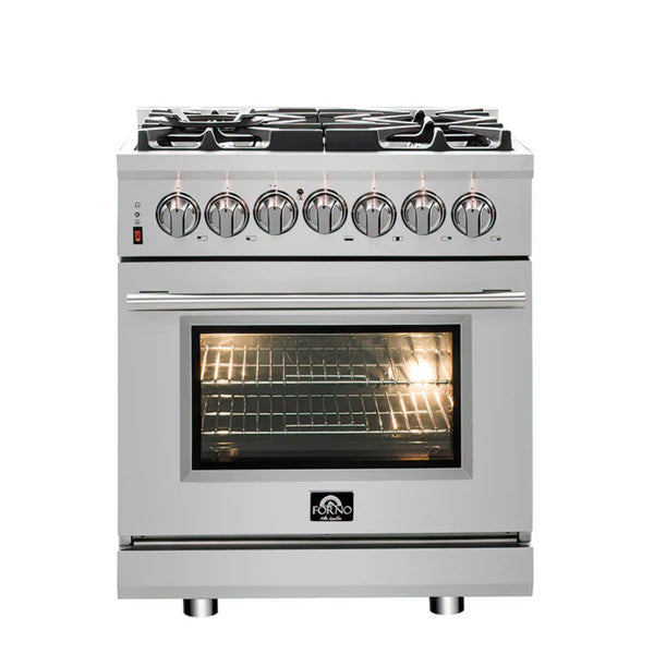 Forno Massimo 30-inch Freestanding Dual Fuel Range All Stainless Steel with 5 Sealed Burners, Wok Support & Griddle, FFSGS6125-30