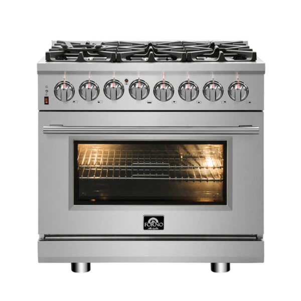 Forno Massimo 36-inch Freestanding Dual Fuel Range All Stainless Steel with 6 Sealed Burners,  5.36 cu.ft. True Convection Oven with Air Fryer, FFSGS6125-36