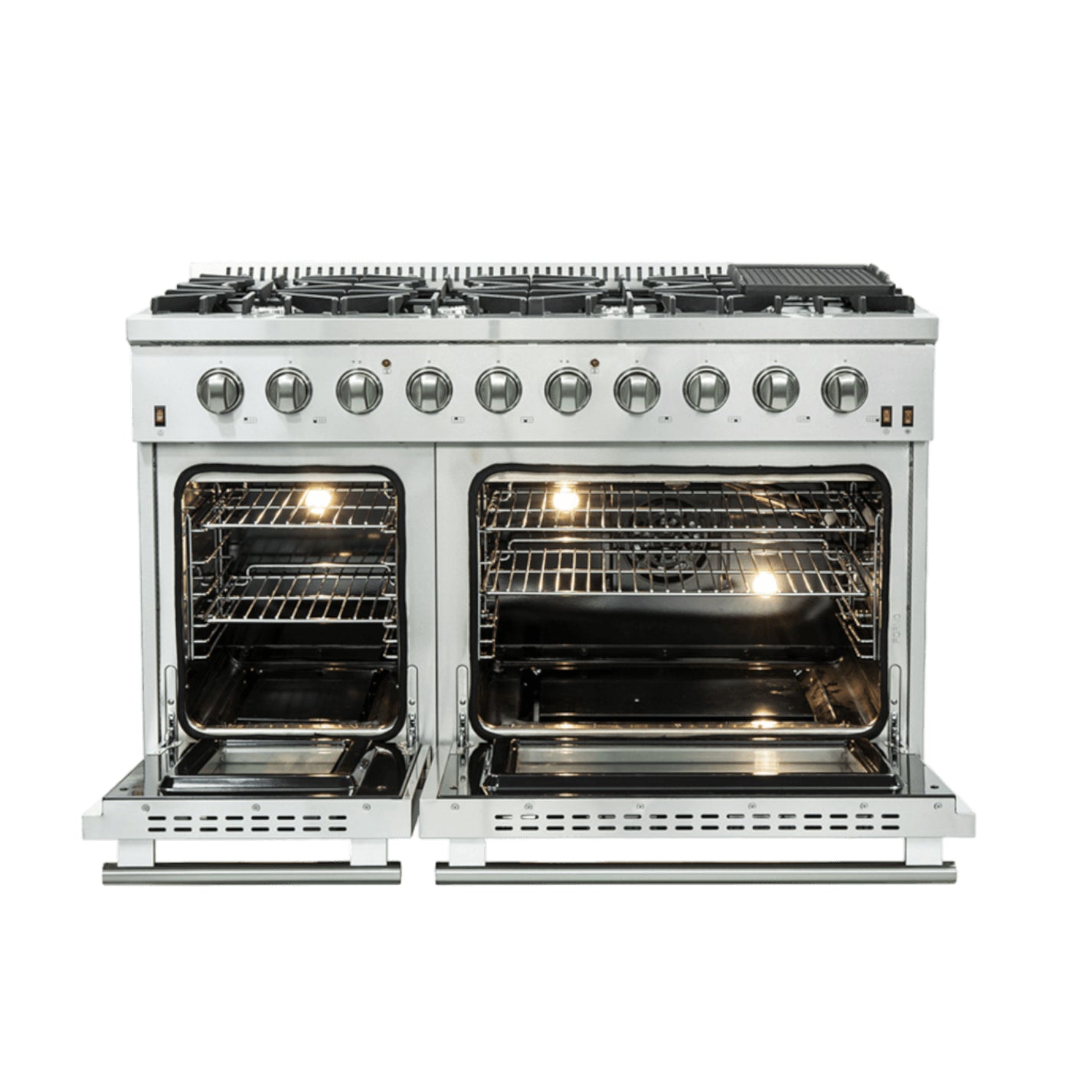 Forno Galiano 48-inch Freestanding Gas Range All Stainless Steel, 8 Burners, Griddle, 6.58 cu. ft. Double Ovens, FFSGS6244-48