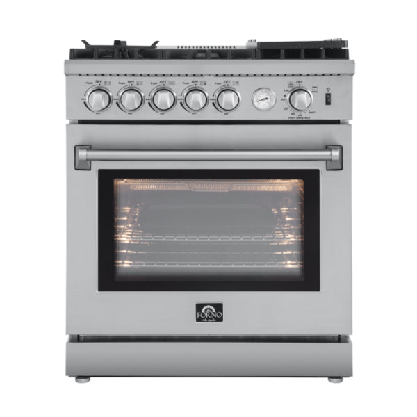 Forno Lazio 30-inch Freestanding Gas Range All Stainless Steel, 5 Sealed Burners,  Oven with Air fryer, Wok Support and Griddle, FFSGS6276-30