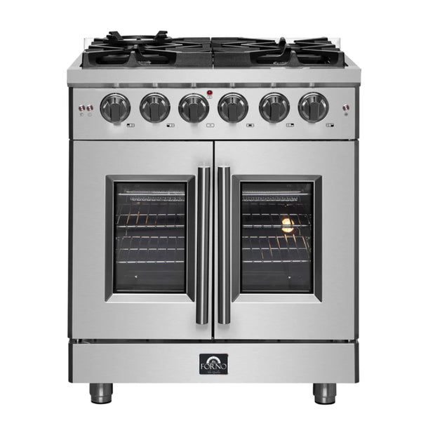 Forno Massimo 30-inch French Door Gas Range All Stainless Steel with 5 Sealed Burners, 4.32 cu. ft. with Air Fryer Kit, Wok Support & Griddle, FFSGS6439-30