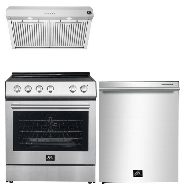 Forno Espresso Package - 30" Electric Range, Range Hood and Dishwasher in Stainless Steel with Silver Handles, AP-FFSEL6012-30-S-A1-D