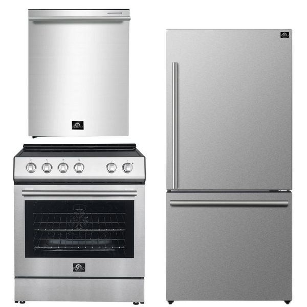 Forno Espresso Package - 30" Electric Range, Refrigerator and Dishwasher in Stainless Steel with Silver Handles, AP-FFSEL6012-30-S-A10-D