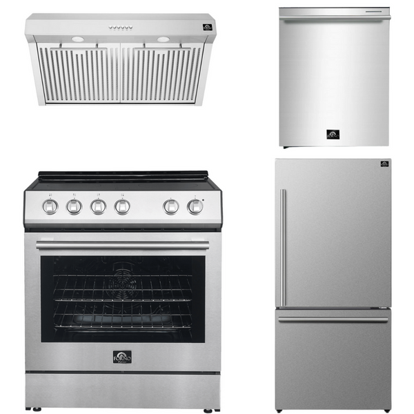 Forno Espresso Package - 30" Electric Range, Range Hood, Refrigerator and Dishwasher in Stainless Steel with Silver Handles, AP-FFSEL6012-30-S-A4-D