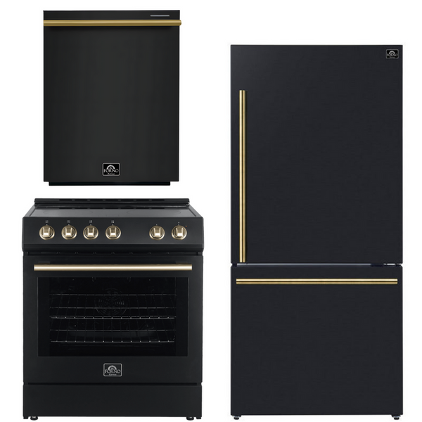 Forno Espresso Package - 30" Electric Range, Refrigerator and Dishwasher in Black with Antique Brass Handles, AP-FFSEL6012-30BLK-A-A11-D