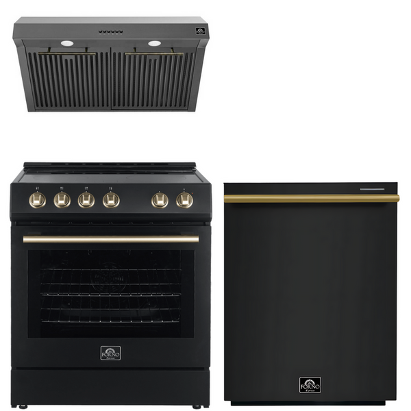 Forno Espresso Package - 30" Electric Range, Range Hood and Dishwasher in Black with Antique Brass Handles, AP-FFSEL6012-30BLK-A-A2-D