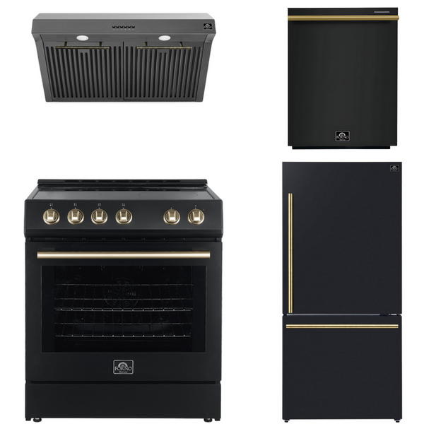 Forno Espresso Package - 30" Electric Range, Range Hood, Refrigerator and Dishwasher in Black with Antique Brass Handles, AP-FFSEL6012-30BLK-A-A5-D