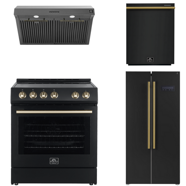 Forno Espresso Package - 30" Electric Range, Range Hood, Refrigerator and Dishwasher in Black with Antique Brass Handles, AP-FFSEL6012-30BLK-A-A7-D