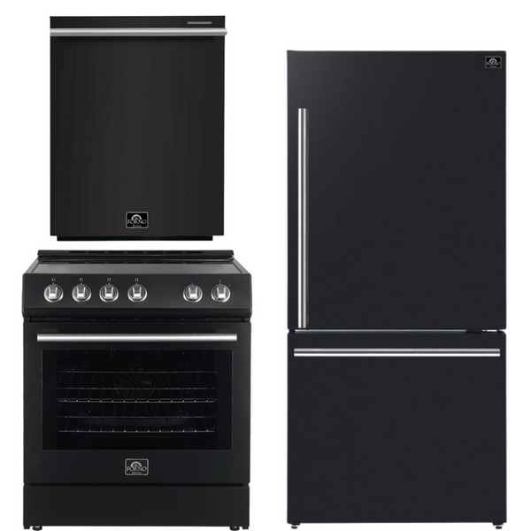 Forno Espresso Package - 30" Electric Range, Refrigerator and Dishwasher in Black with Silver Handles, AP-FFSEL6012-30BLK-S-A11-D