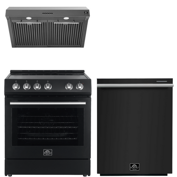 Forno Espresso Package - 30" Electric Range, Range Hood and Dishwasher in Black with Silver Handles, AP-FFSEL6012-30BLK-S-A2-D