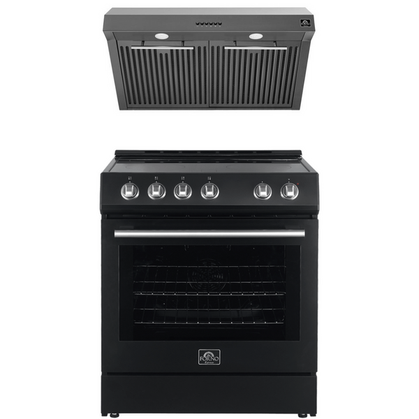 Forno Espresso Package - 30" Electric Range and Range Hood in Black with Silver Handles, AP-FFSEL6012-30BLK-S-A2