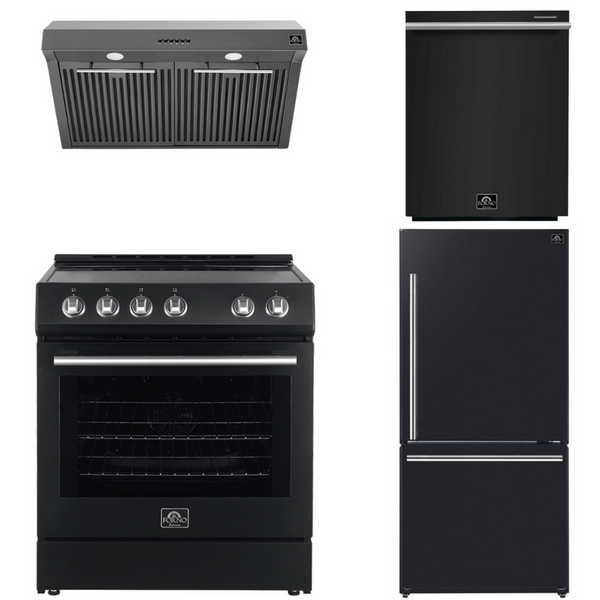 Forno Espresso Package - 30" Electric Range, Range Hood, Refrigerator and Dishwasher in Black with Silver Handles, AP-FFSEL6012-30BLK-S-A5-D