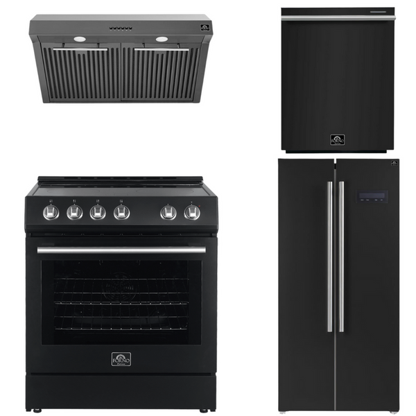 Forno Espresso Package - 30" Electric Range, Range Hood, Refrigerator and Dishwasher in Black with Silver Handles, AP-FFSEL6012-30BLK-S-A7-D