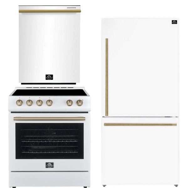 Forno Espresso Package - 30" Electric Range, Refrigerator and Dishwasher in White with Antique Brass Handles, AP-FFSEL6012-30WHT-A-A12-D