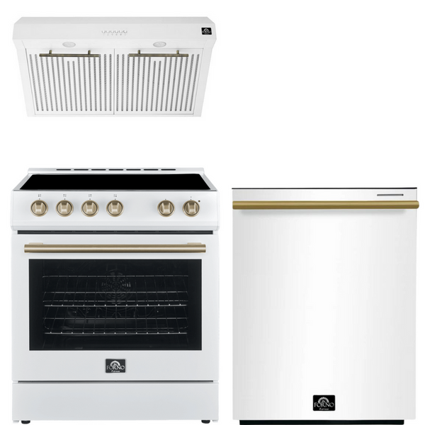 Forno Espresso Package - 30" Electric Range, Range Hood and Dishwasher in White with Antique Brass Handles, AP-FFSEL6012-30WHT-A-A3-D