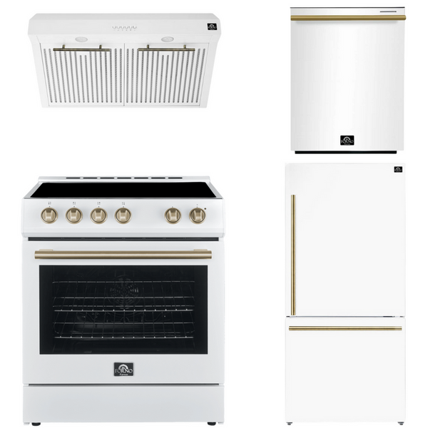 Forno Espresso Package - 30" Electric Range, Range Hood, Refrigerator and Dishwasher in White with Antique Brass Handles, AP-FFSEL6012-30WHT-A-A6-D