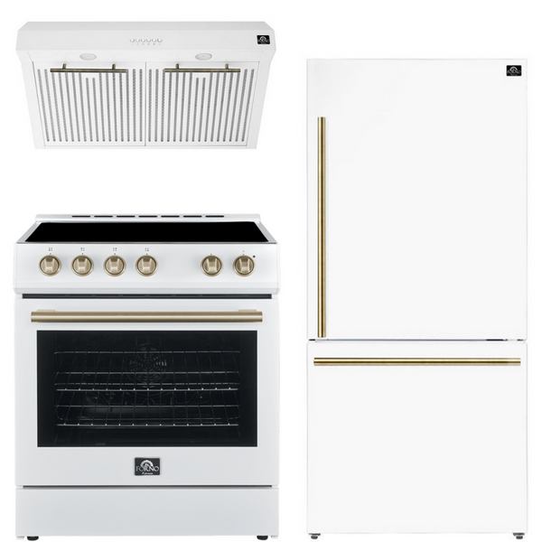 Forno Espresso Package - 30" Electric Range, Range Hood and Refrigerator in White with Antique Brass Handles, AP-FFSEL6012-30WHT-A-A6