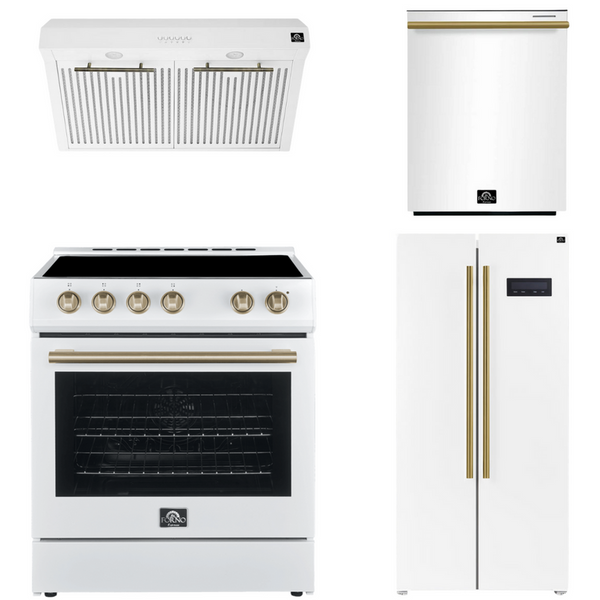 Forno Espresso Package - 30" Electric Range, Range Hood, Refrigerator and Dishwasher in White with Antique Brass Handles, AP-FFSEL6012-30WHT-A-A8-D