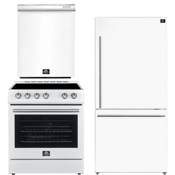 Forno Espresso Package - 30" Electric Range, Refrigerator and Dishwasher in White with Silver Handles, AP-FFSEL6012-30WHT-S-A12-D