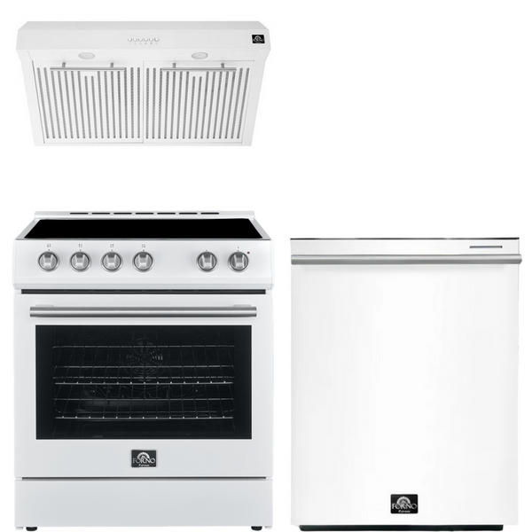 Forno Espresso Package - 30" Electric Range, Range Hood and Dishwasher in White with Silver Handles, AP-FFSEL6012-30WHT-S-A3-D