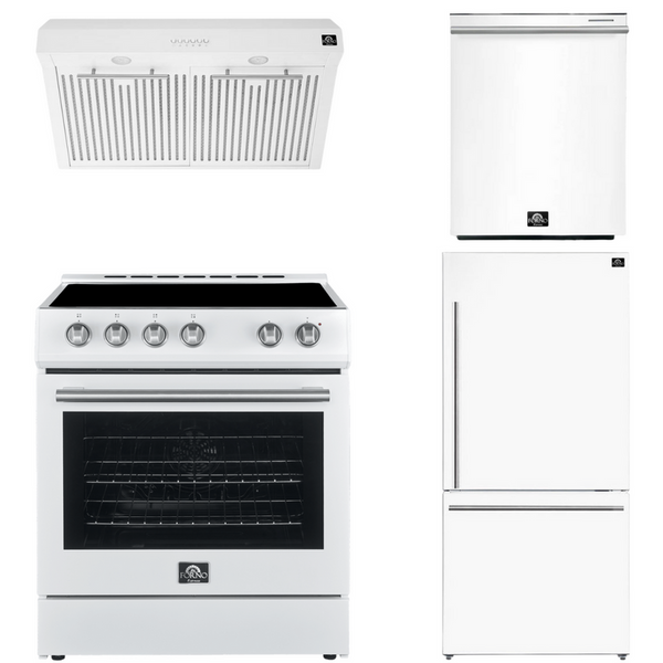 Forno Espresso Package - 30" Electric Range, Range Hood, Refrigerator and Dishwasher in White with Silver Handles, AP-FFSEL6012-30WHT-S-A6-D