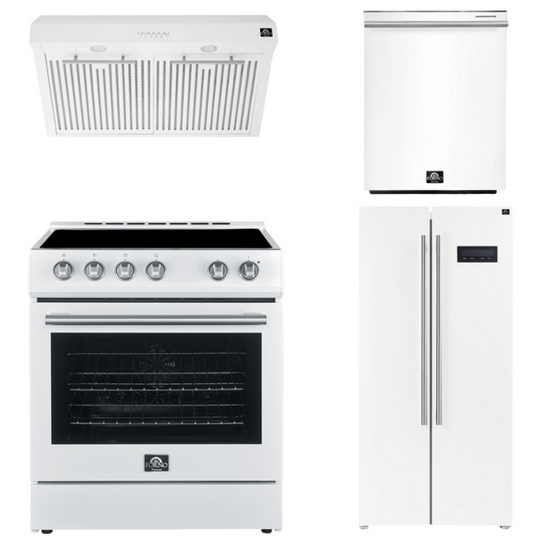 Forno Espresso Package - 30" Electric Range, Range Hood, Refrigerator and Dishwasher in White with Silver Handles, AP-FFSEL6012-30WHT-S-A8-D