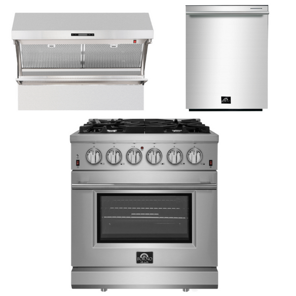 Forno Appliance Package - 30 Inch Gas Range, Wall Mount Range Hood, Dishwasher, AP-FFSGS6239-30-2