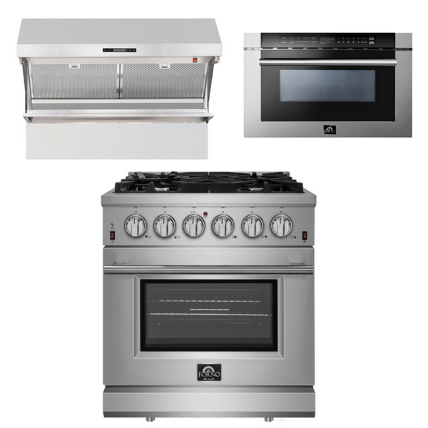 Forno Appliance Package - 30 Inch Gas Range, Wall Mount Range Hood, Microwave Drawer, AP-FFSGS6239-30-3