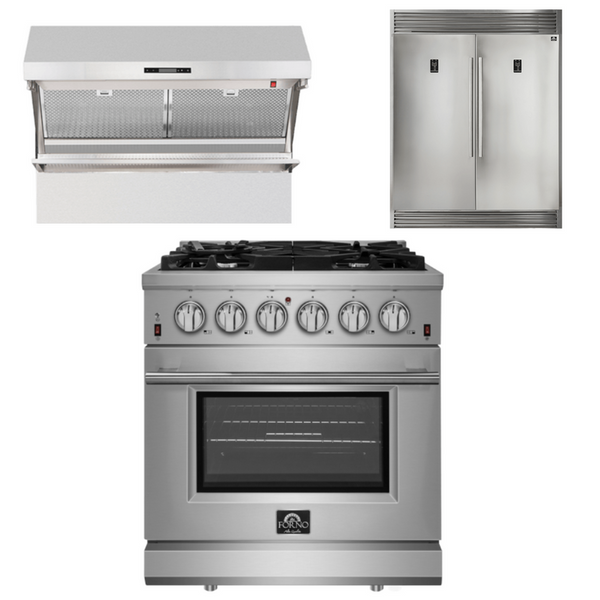 Forno Appliance Package - 30 Inch Gas Range, Wall Mount Range Hood, Refrigerator, AP-FFSGS6239-30-4