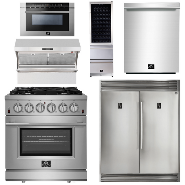 Forno Appliance Package - 30 Inch Gas Range, Range Hood, Refrigerator, Microwave Drawer, Dishwasher, Wine Cooler, AP-FFSGS6239-30-9