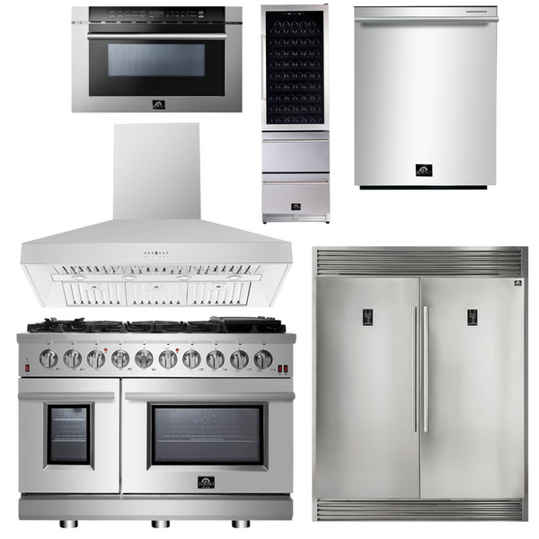 Forno Appliance Package - 48" Gas Range, Range Hood, 60" Refrigerator, Dishwasher, Microwave Drawer, Wine Cooler, AP-FFSGS6239-48-9